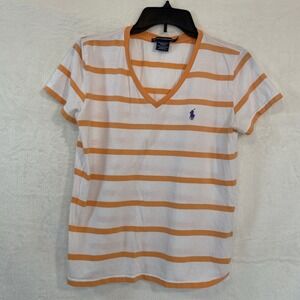 Ralph Lauren Sport Womens T Shirt Size Large Short Sleeve White Orange Stripe
